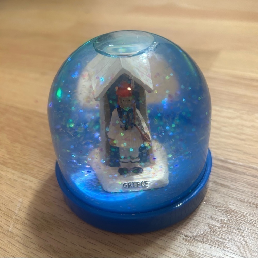 Vintage Greece Plastic Snow Globe Christmas Decor Blue White - Picture 3 of 6